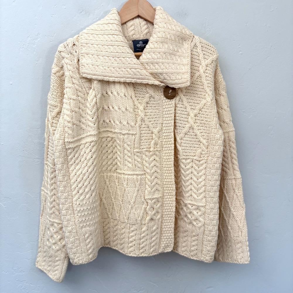 Aran Woolen Mills Knit Cardigan Sweater Women Size Large Ivory One Button